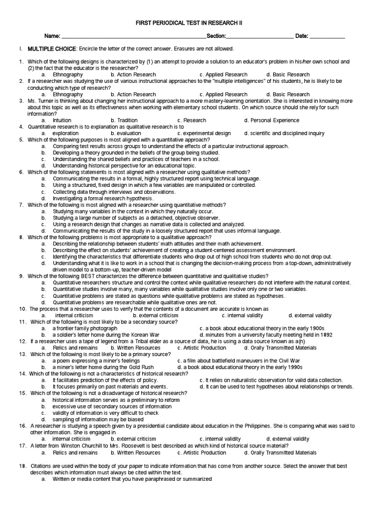 Research II Periodical Test Questions | PDF | Qualitative Research ...