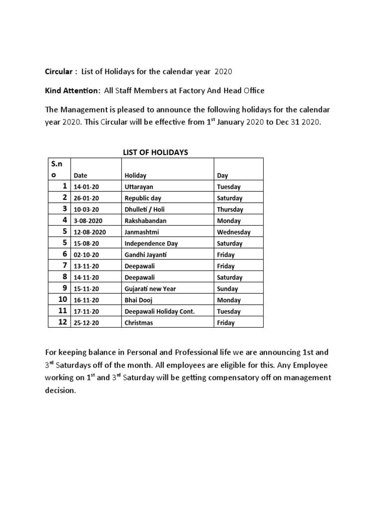 Circular: List of Holidays For The Calendar Year 2020 Kind Attention: All  Staff Members at Factory and Head Office | PDF