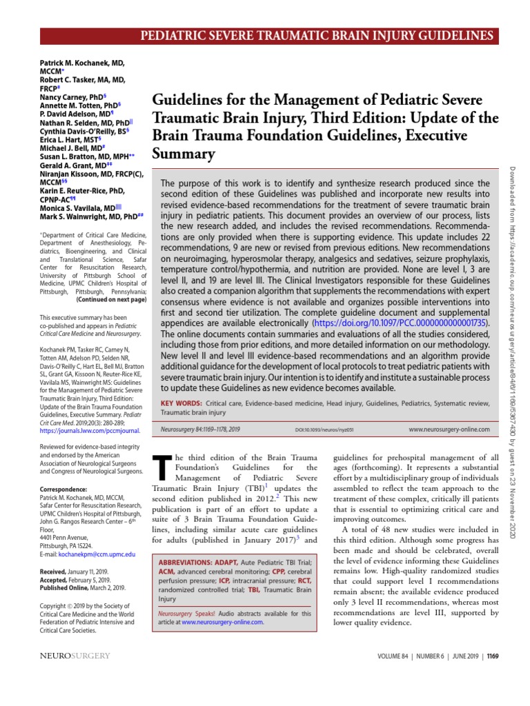 Guidelines For The Management of Pediatric Severe Traumatic Brain