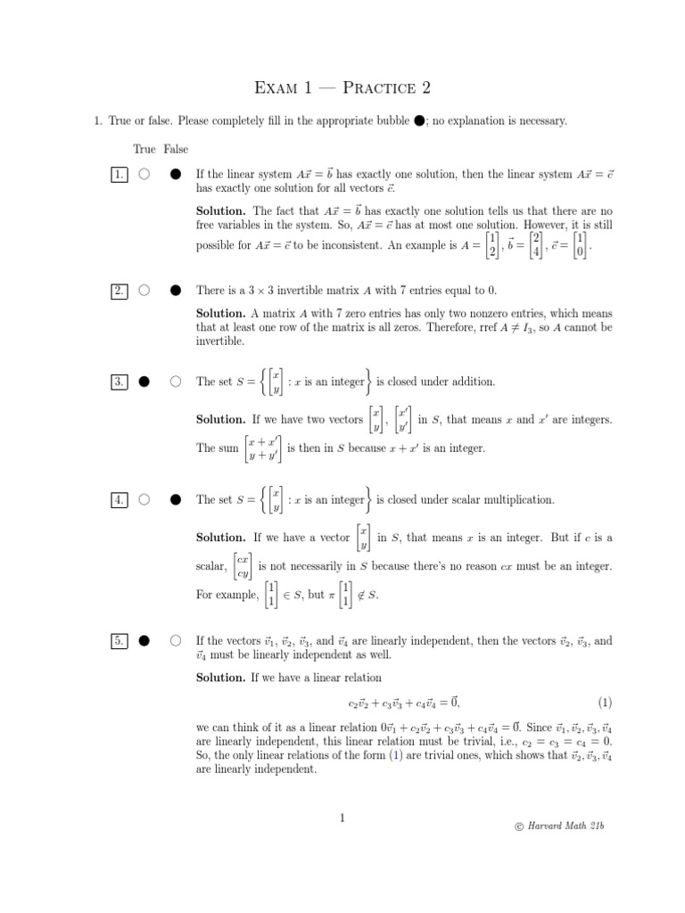 Harvard Math 21b Exam 1 Practice | PDF | Linear Map | Linear Subspace