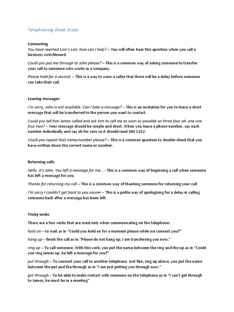 Essential Telephoning Cheat Sheet | PDF