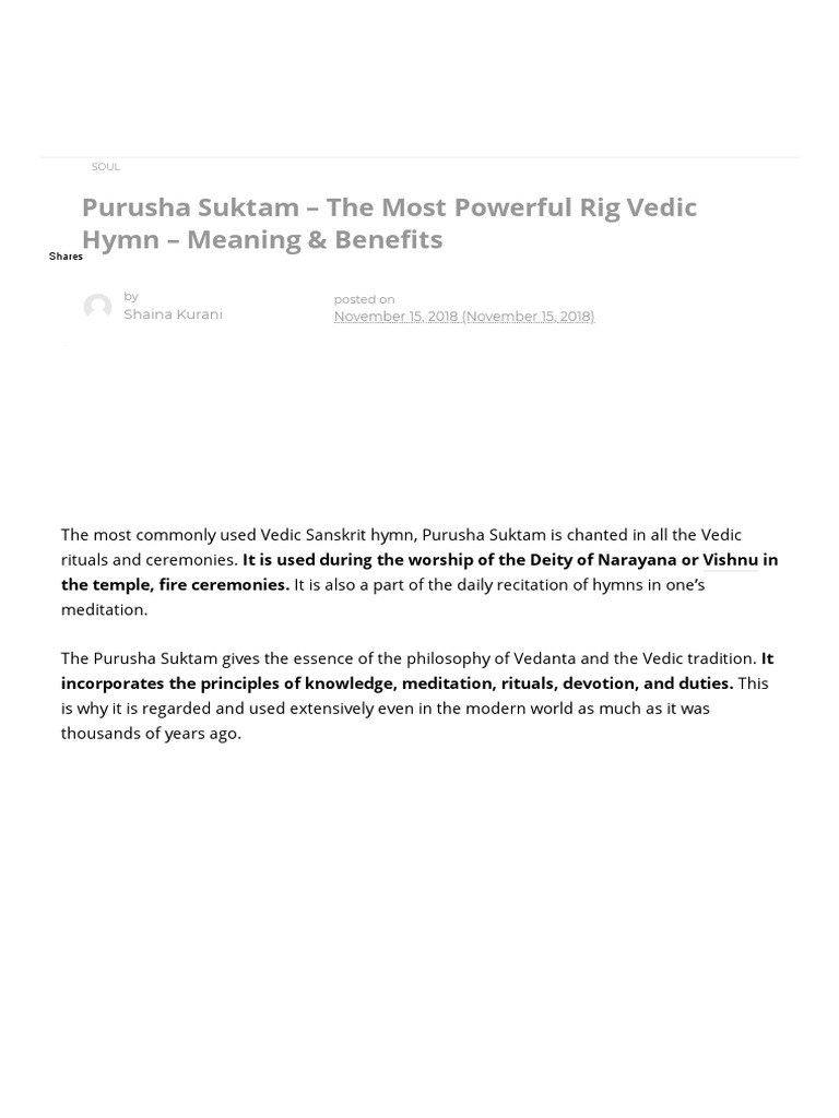 Purusha Suktam - The Most Powerful Rig Vedic Hymn - Meaning & Benefits ...