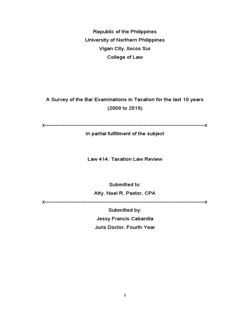 A Survey Of Taxation Law Bar Questions 2009 To 2019 PDF Taxpayer