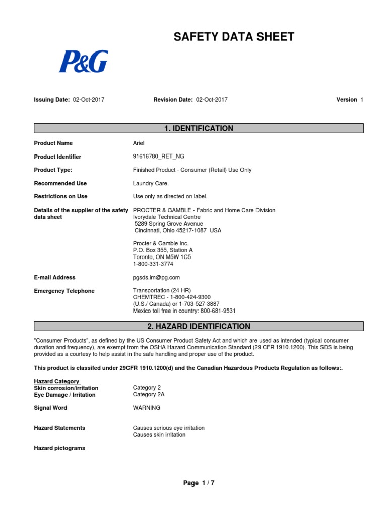 Ariel Powder Laundry Detergent MSDS PDF Superfund Personal