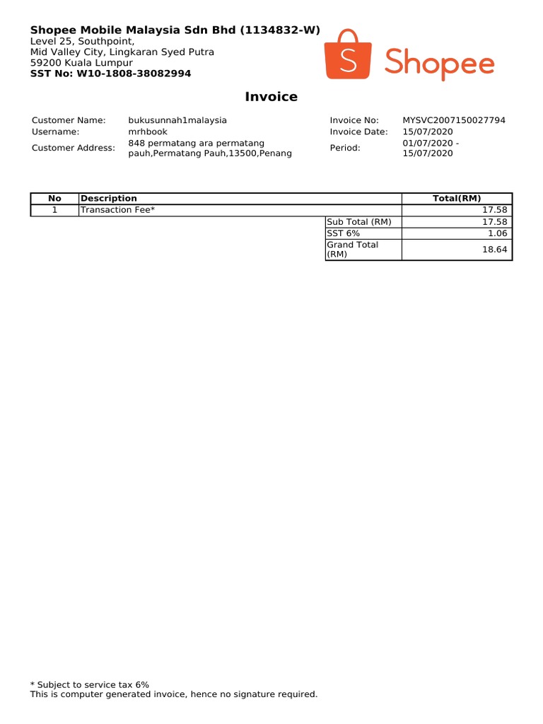 Invoice: Shopee Mobile Malaysia SDN BHD (1134832-W) | PDF