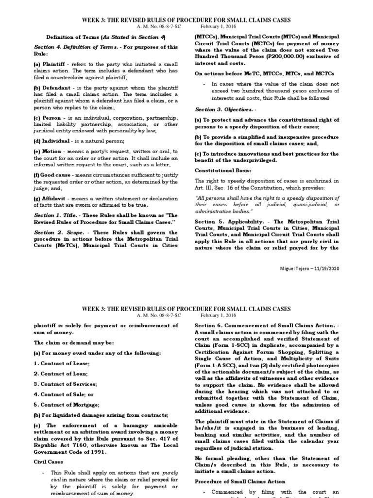 Week 3 The Revised Rules of Procedure For Small Claims Cases PDF