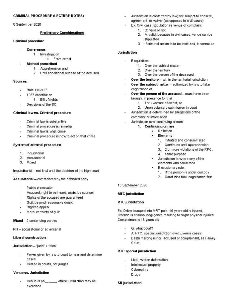 Criminal Procedure Lecture Notes An Overview of Jurisdiction, Sources