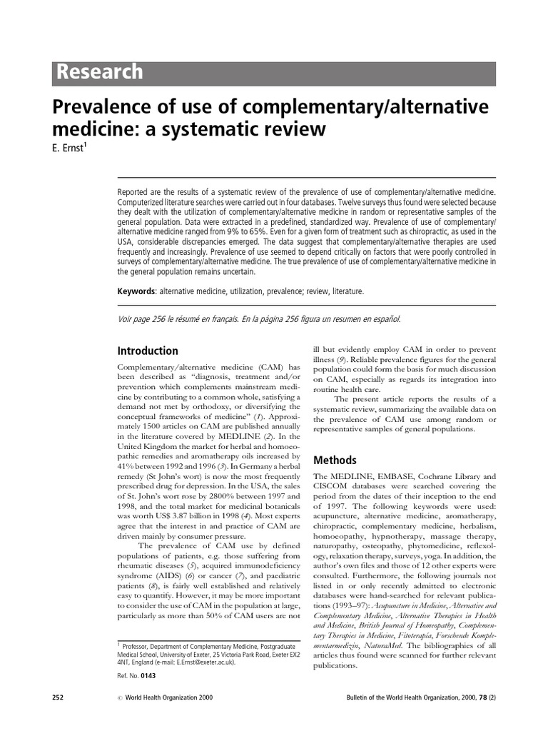 Prevalence of Use of Complementary/alternative Medicine A Systematic