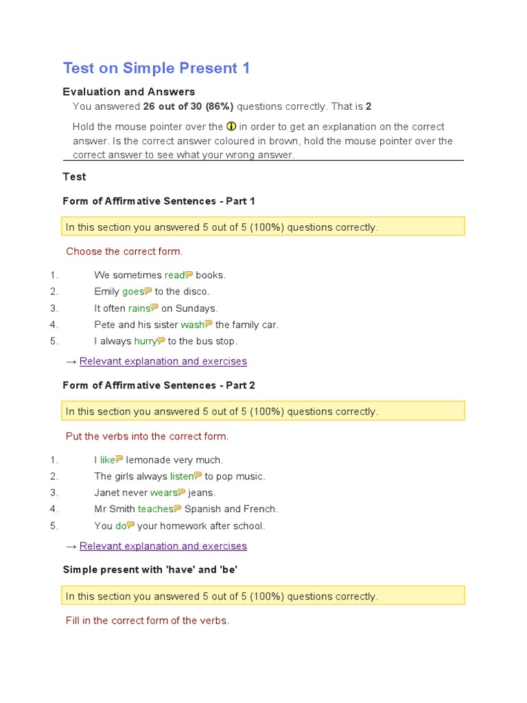 Simple Present Test Results and Analysis | PDF | Linguistic Typology ...