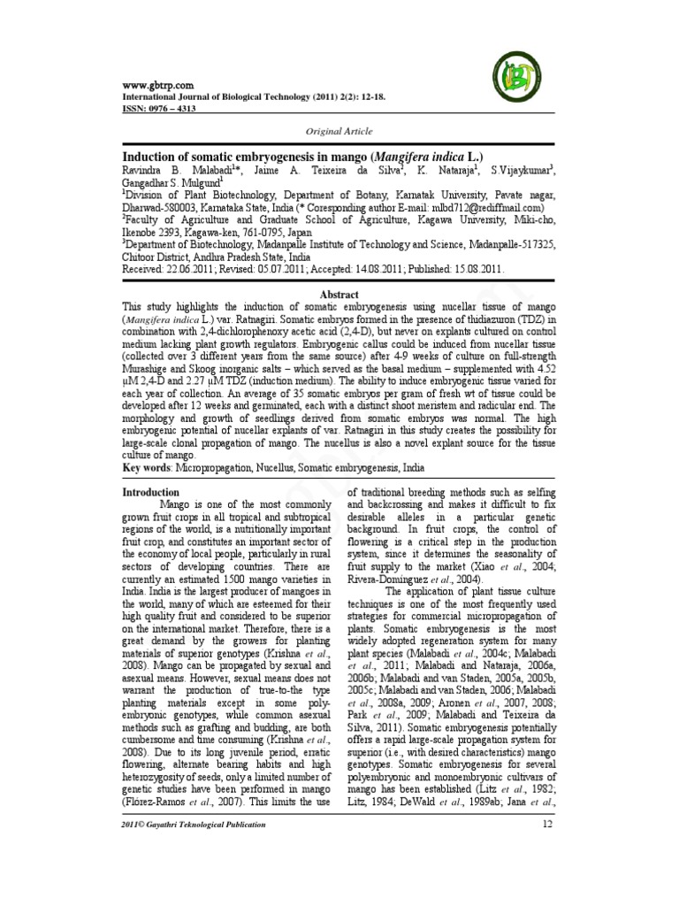 Induction of Somatic Embryogenesis in Ma PDF | PDF | Developmental ...
