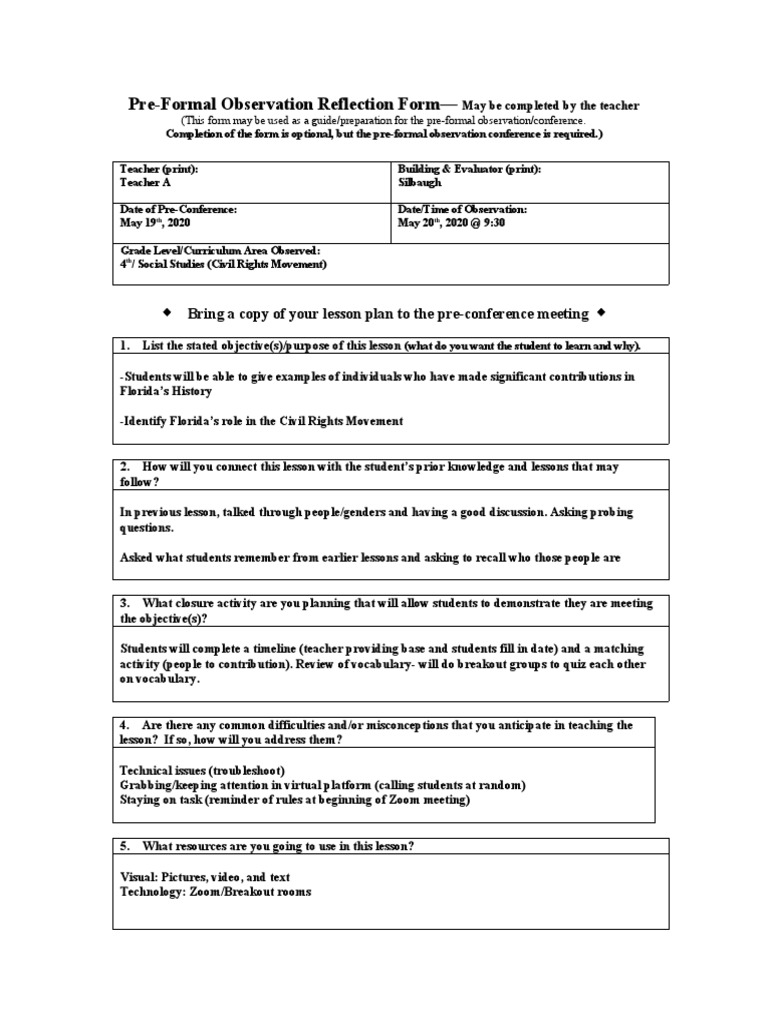 Pre-Formal Observation Reflection Guide | PDF | Lesson Plan ...