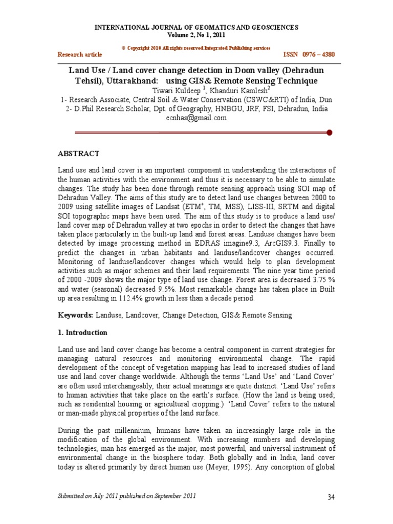 Land Use / Land Cover Change Detection in Doon Valley (Dehradun Tehsil