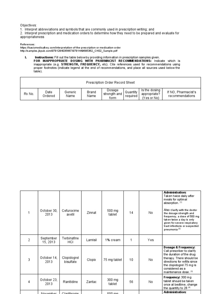 Answer Sheet Interpreting Prescription Orders PDF Medical Prescription Dose (Biochemistry)