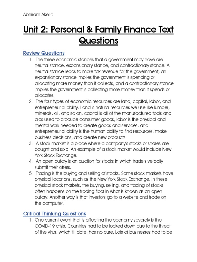 Unit 2: Personal & Family Finance Text Questions | PDF | Stock Market ...