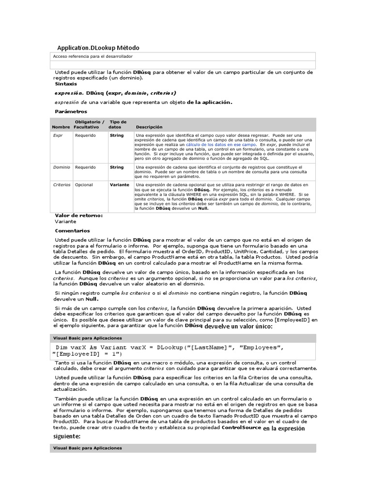 Application DLookup Metodo | PDF | Función (Matemáticas) | SQL