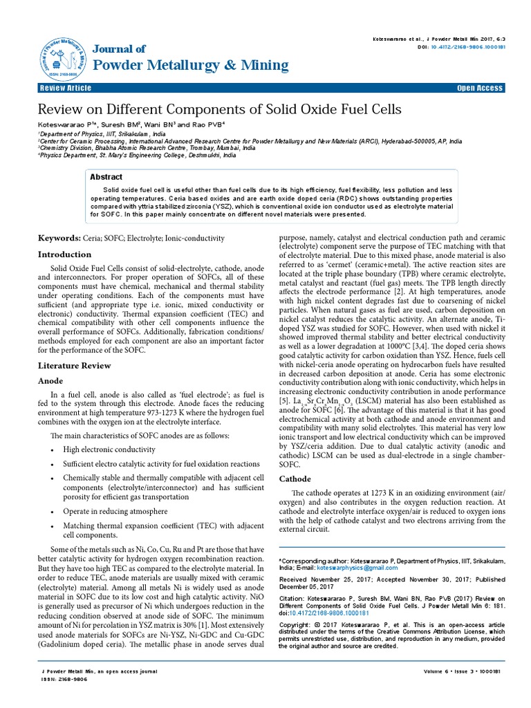 Review On Different Components of Solid Oxide Fuel Cells 2168 9806 ...