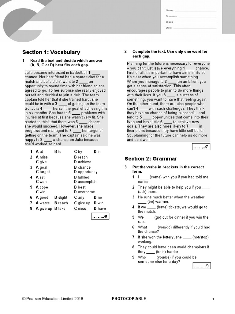 B2 First Unit 9 Test: Section 1: Vocabulary | PDF | Cognitive Science
