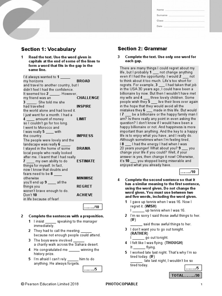 B2 First Unit 11 Test: Section 1: Vocabulary Section 2: Grammar | PDF