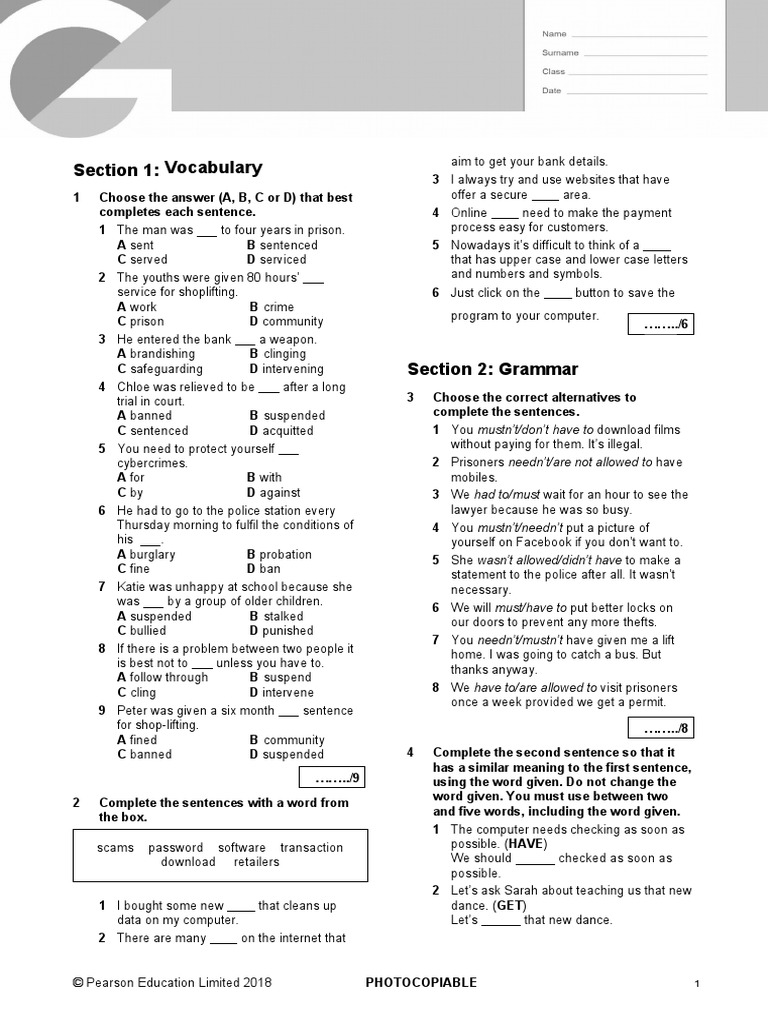 B2 First Unit 12 Test: Section 1: Vocabulary | PDF | Crime & Violence ...