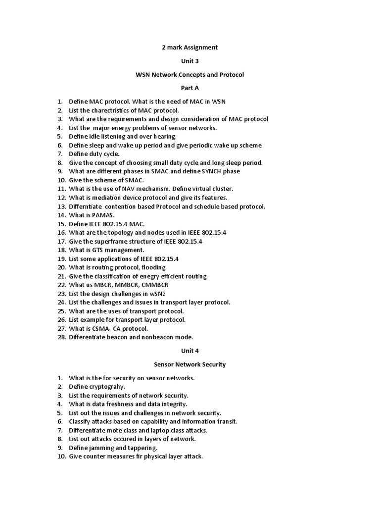 2 Mark Assignment Unit 3 WSN Network Concepts and Protocol Part A PDF