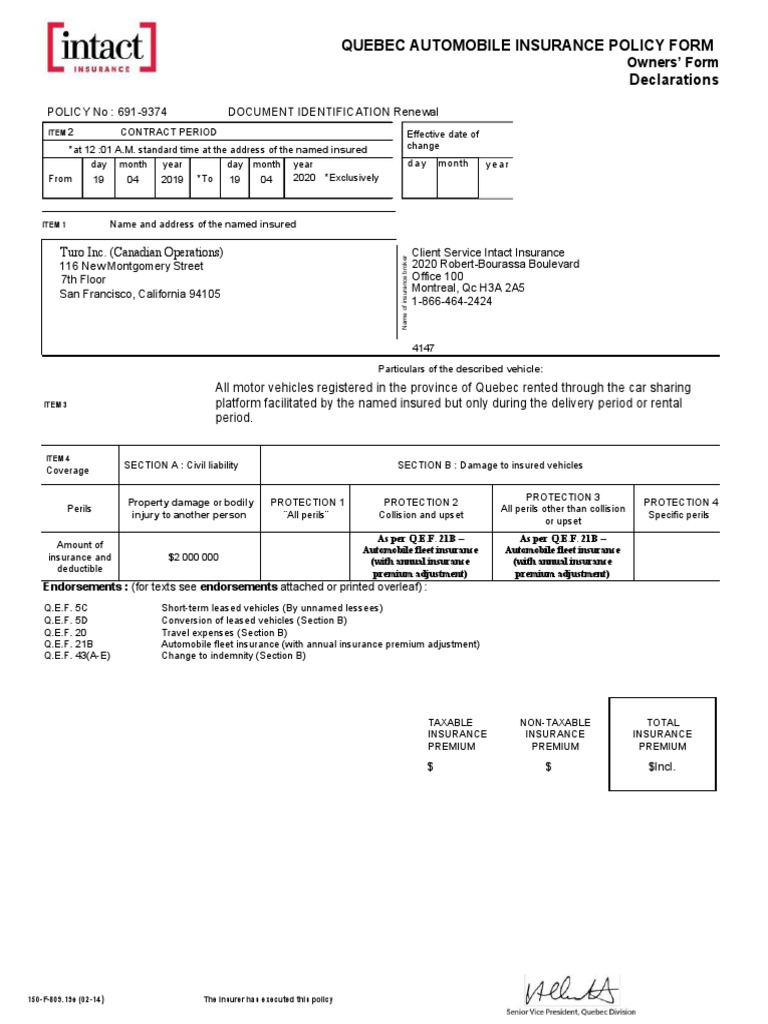 Quebec Automobile Insurance Policy Form Declarations Turo Inc