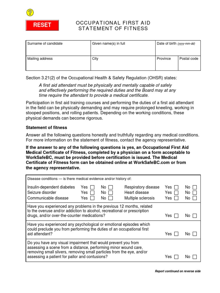 Occupational First Aid Fitness Statement | PDF | First Aid ...