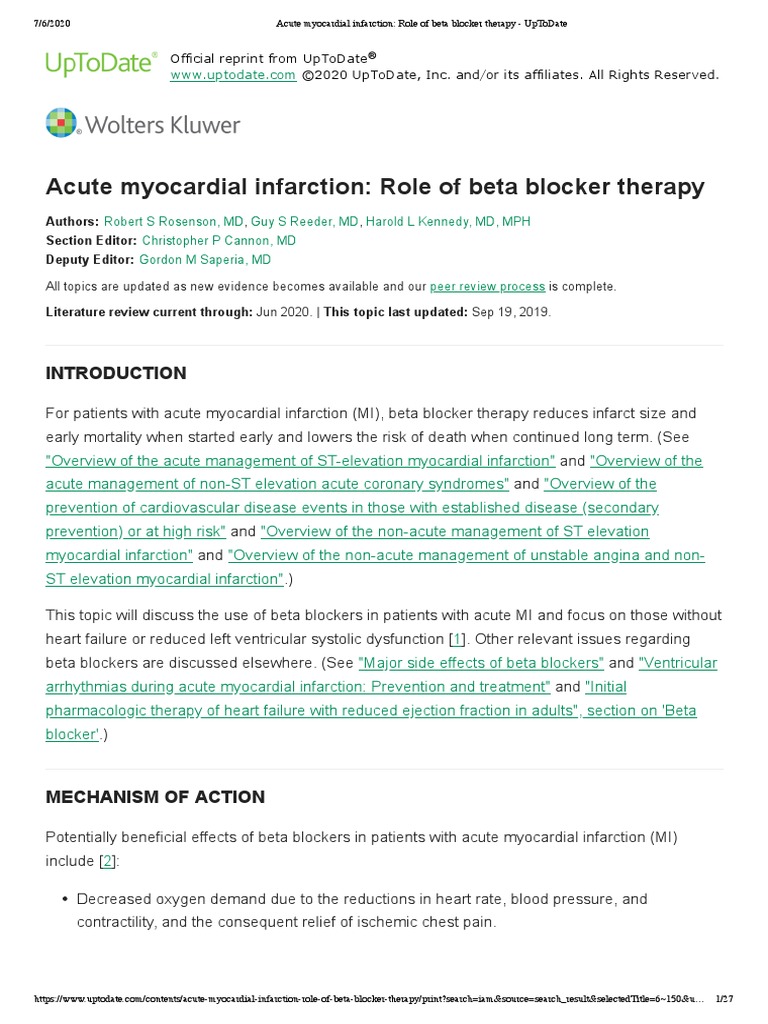 Acute Myocardial Infarction Role of Beta Blocker Therapy UpToDate
