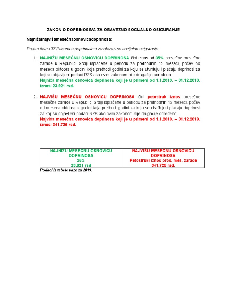 Zakon o Doprinosima Za Obavezno Socijalno Osiguranje | PDF