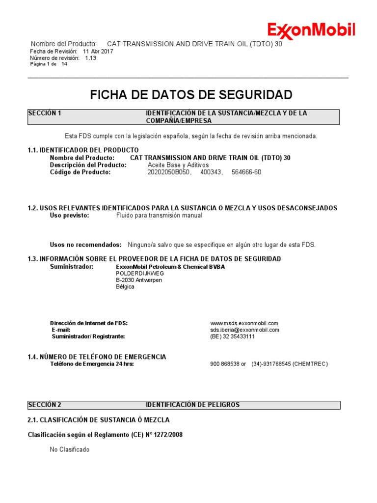 HDS Cat Transmission and Drive Train Oil (Tdto) 30 PDF Guante Agua