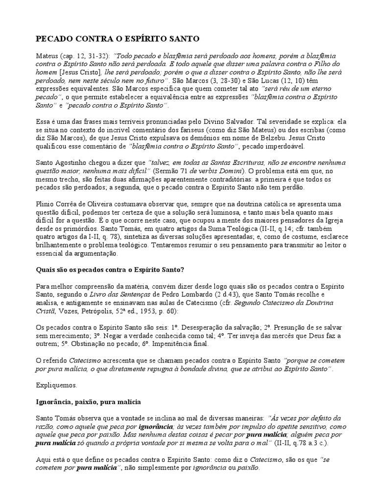 Seis Pecados Contra o Espírito Santo | PDF | Pecado | Jesus