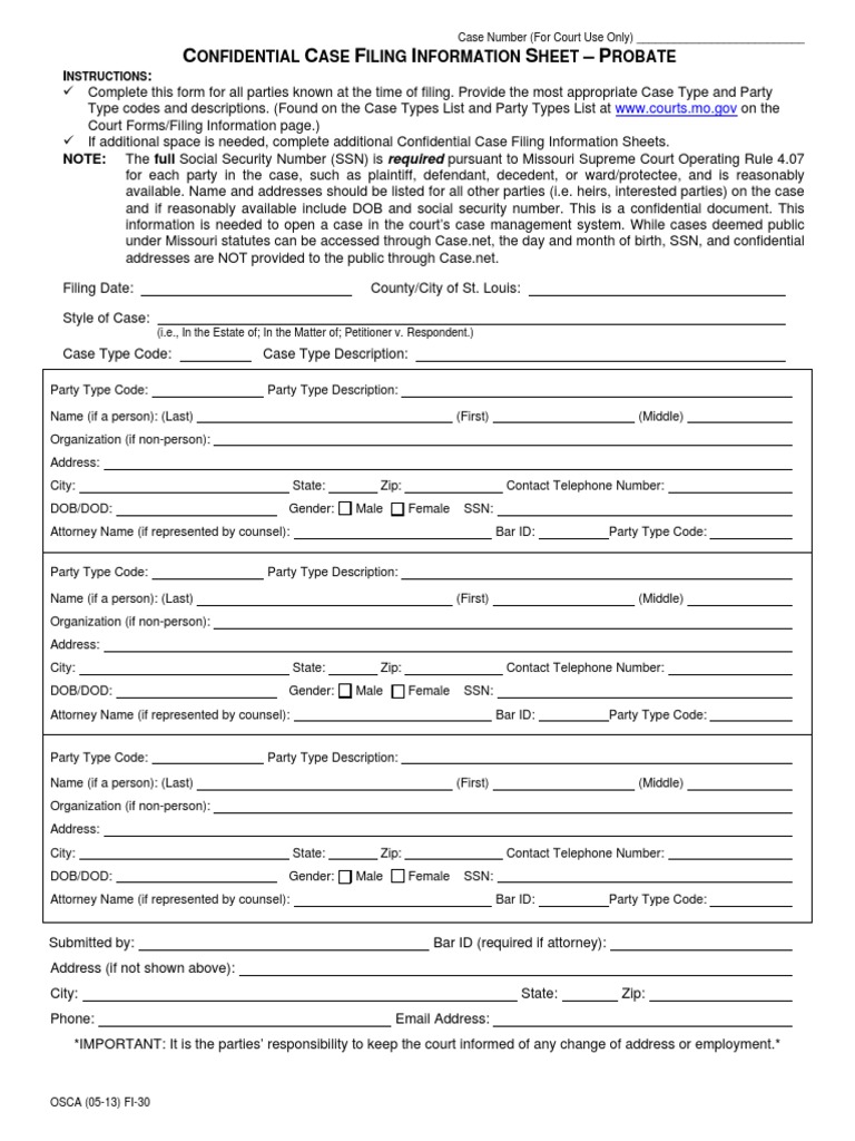 FI 30 Confidential Case Filing Information Sheet Probate PDF