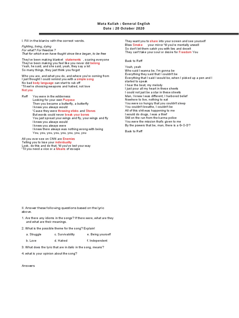 General English: Song Analysis Exercise | PDF