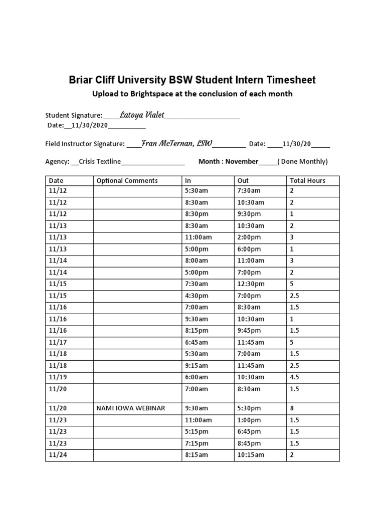 BSW Student Intern Timesheet Template | PDF | Cooking, Food & Wine