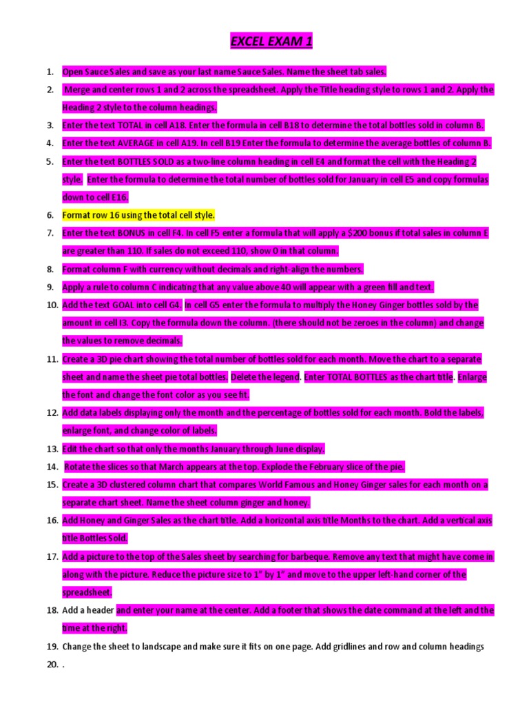 EXCEL Proficiency EXAM 1 PDF Chart Spreadsheet