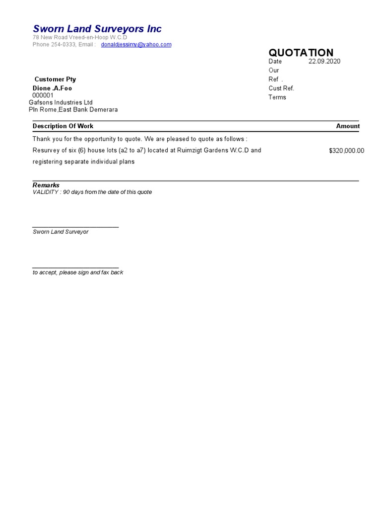 Sworn Land Surveyors Inc Quotation PDF