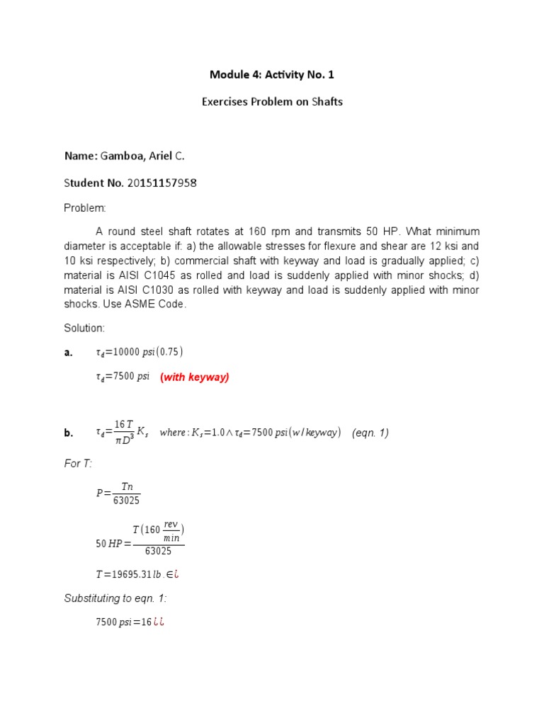 Shaft Exercises Problem No. 1-2 | PDF | Civil Engineering | Economic ...