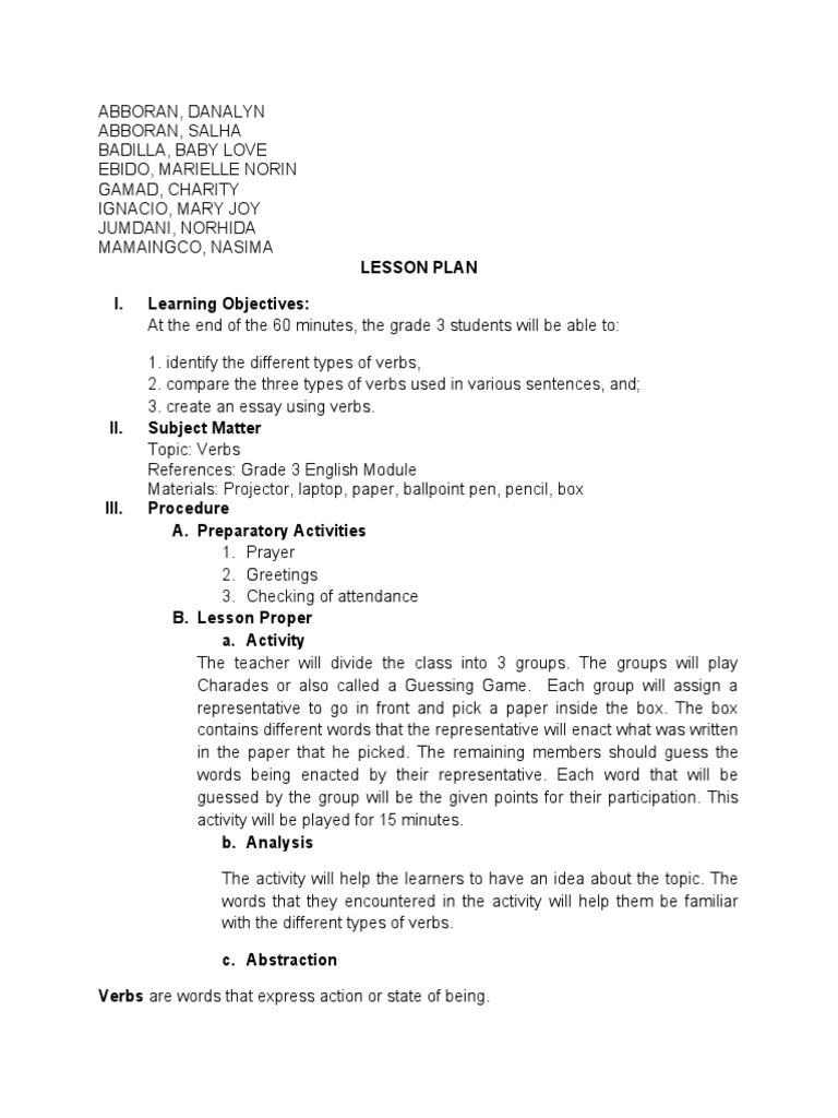 ENG100 LESSONPLANfinal | PDF | Verb | Subject (Grammar)