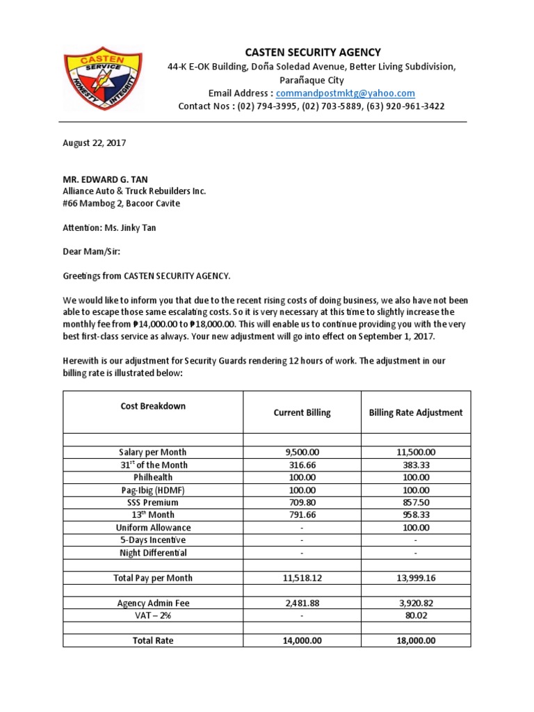Security Guard Fee Adjustment Notice | PDF | Labor | Employment