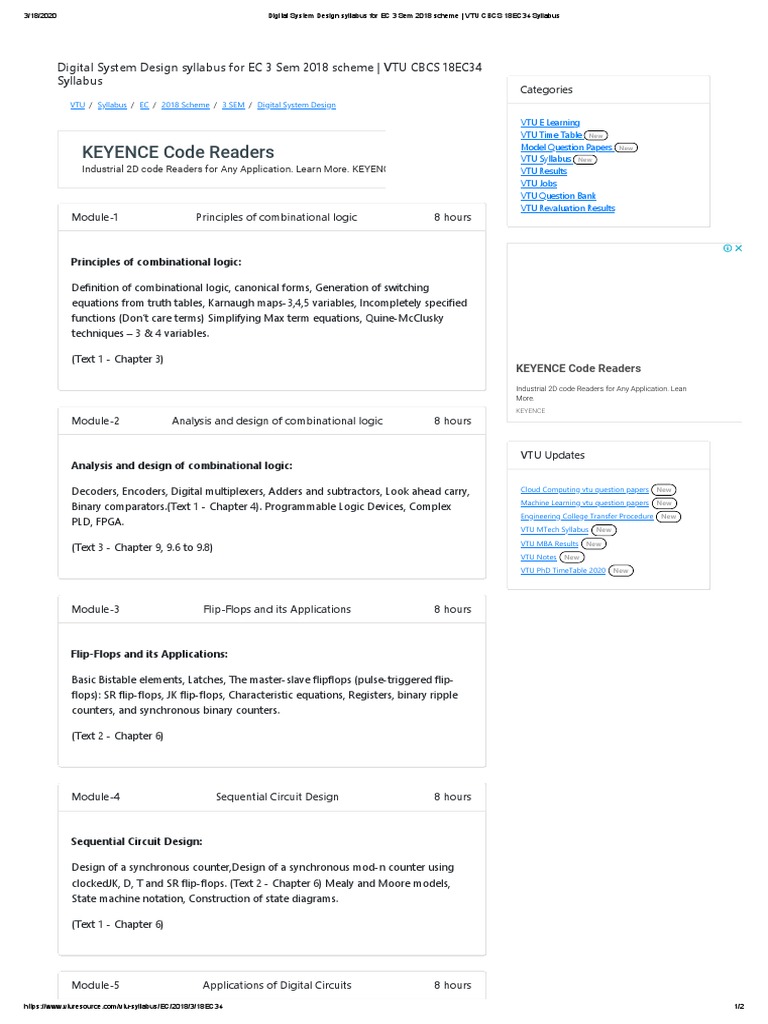 Digital System Design Syllabus For EC 3 Sem 2018 Scheme VTU CBCS