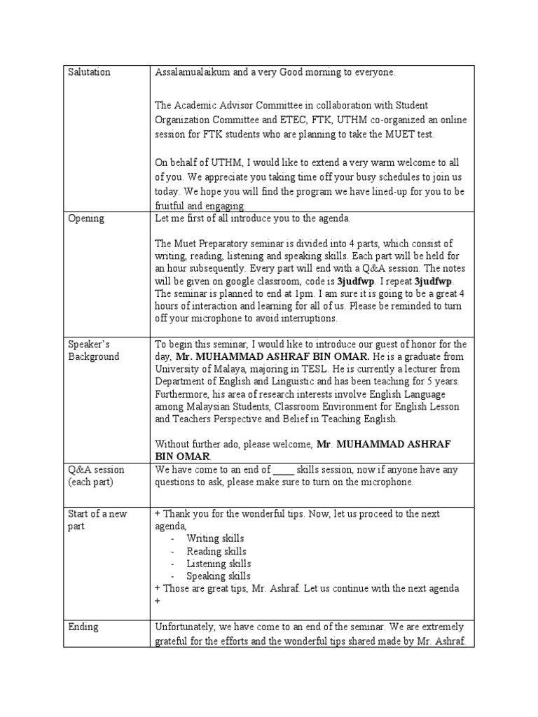 Emcee Script for MUET Seminar | PDF | Classroom | Education Theory