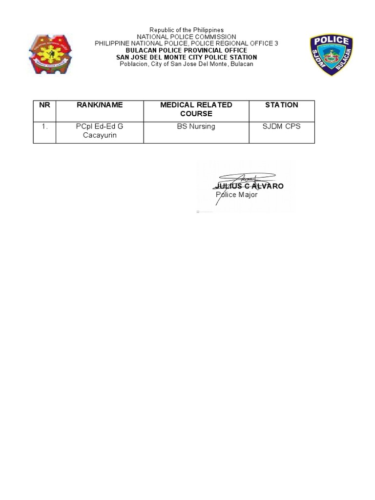 Police Medical Training Roster | PDF