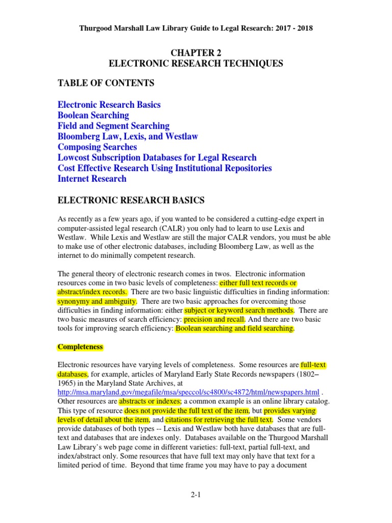 A Guide to Electronic Legal Research Techniques Boolean Searching, Field Searching
