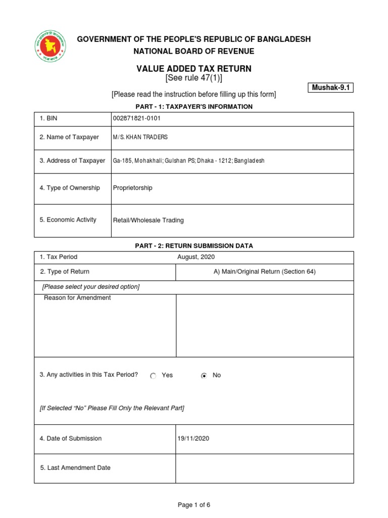 Mushak-9.1 VAT Return Form Guide | PDF | Value Added Tax | Debits And ...