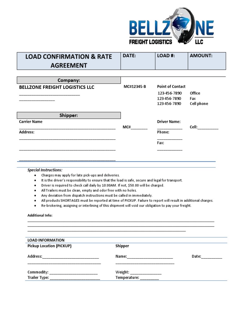 Load Confirmation & Rate Agreement | Download Free PDF | Cargo | Trade