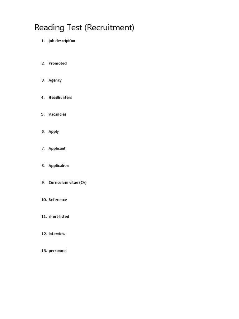 Reading Test (Recruitment) : 1. Job Description | PDF | Career & Growth