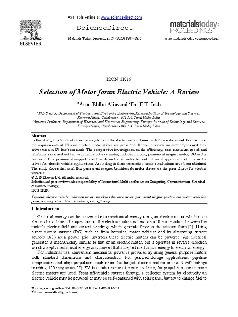 Selection of Motor For An Electric Vehicle A Review PDF Electric
