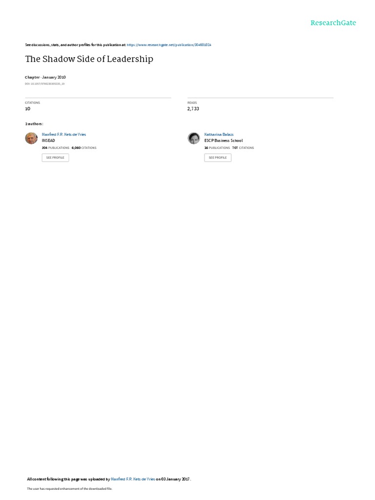 The Shadow Side Of Leadership January 2010 Pdf Narcissism Paranoia