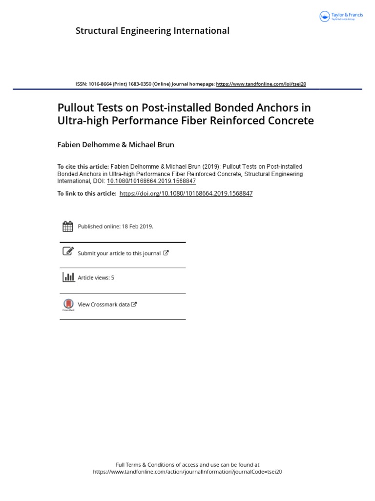 Pullout Tests On PostInstalled Bonded Anchors in UltraHigh