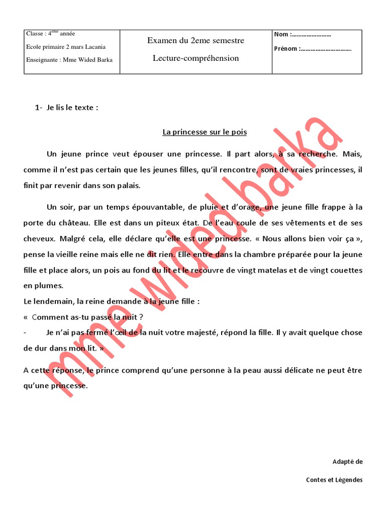 Compréhension De Lecture 4e Année Pdf Gratuit Lecture - Sems2 - 4ème Année Primaire | PDF