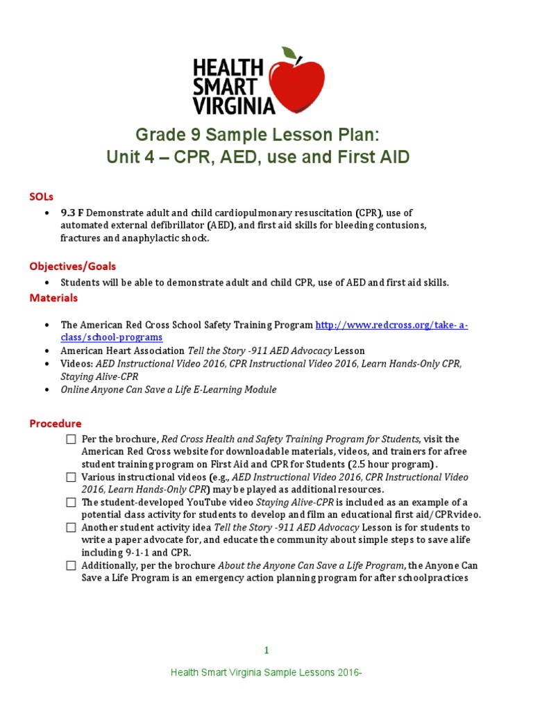 Grade 9 Sample Lesson Plan Unit 4 CPR, AED, Use and First AID PDF Cardiopulmonary